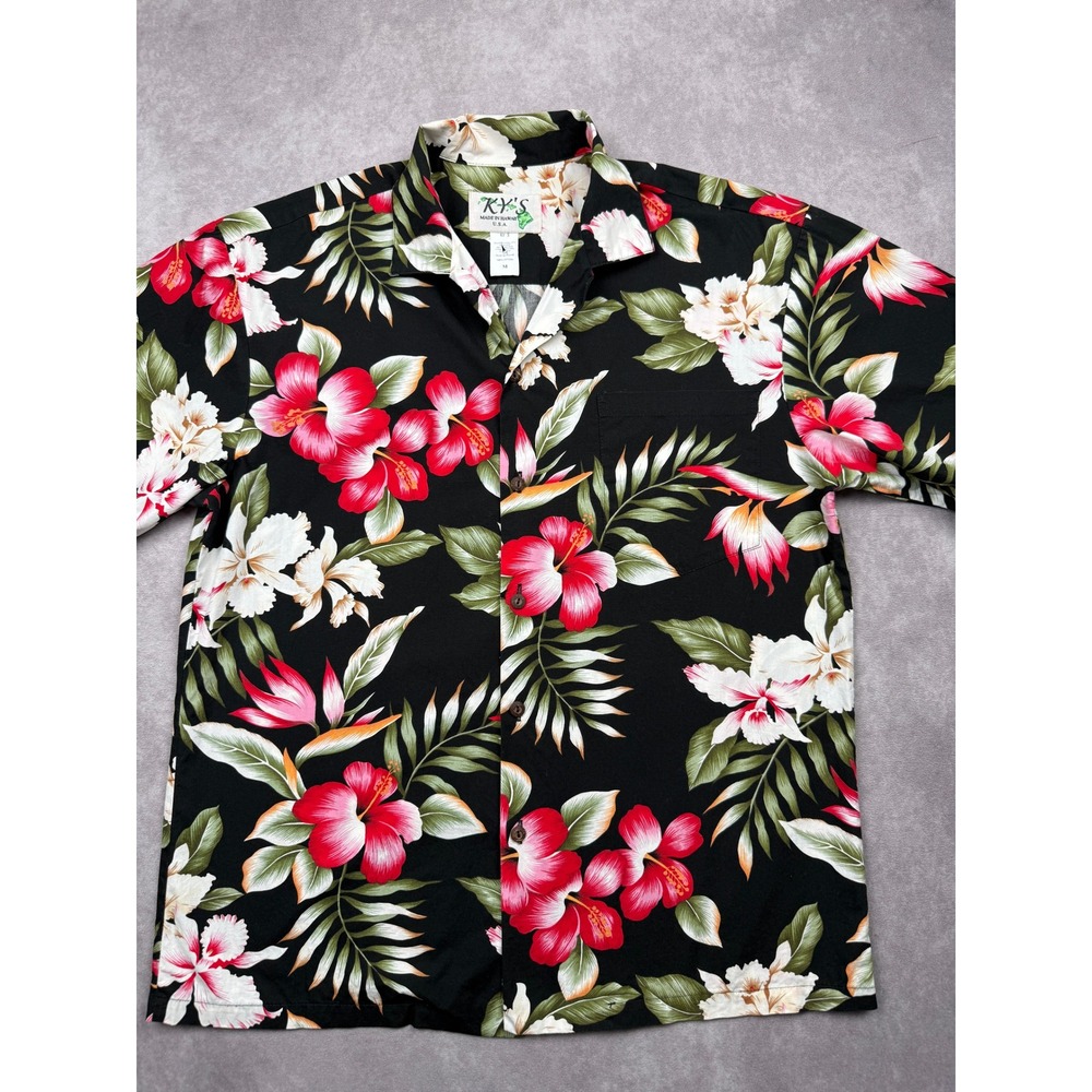 KY'S Hawaiian Shirt Men M Black Red Floral Hibiscus Cotton Hawaii USA Aloha Camp